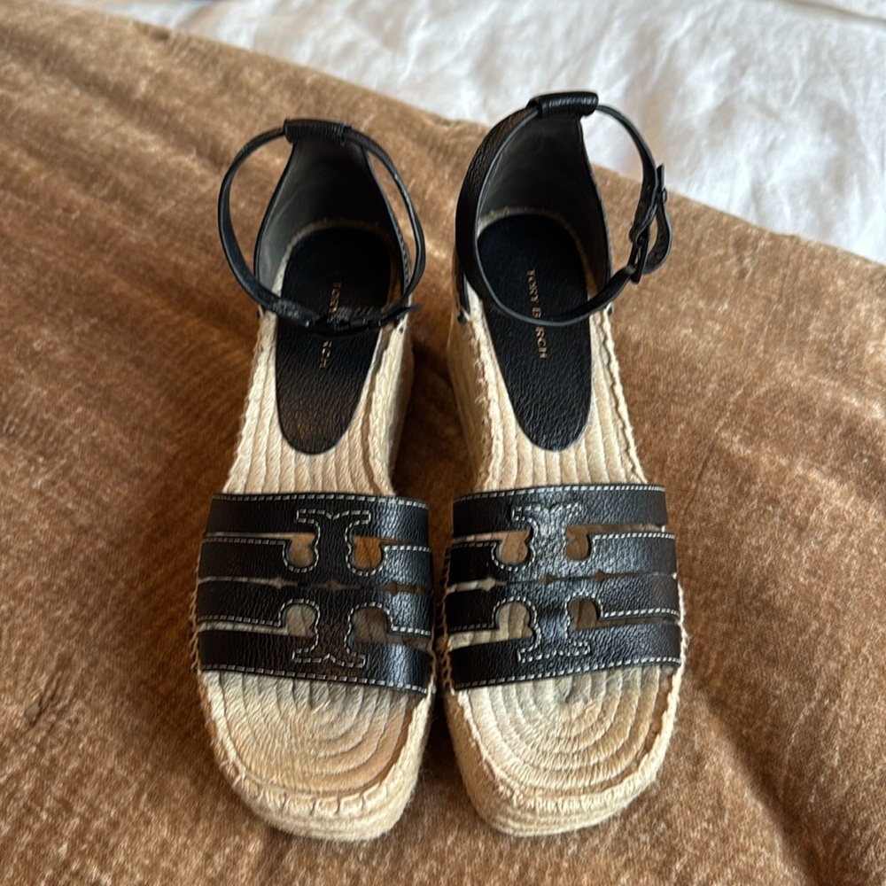 Tory Burch Black Espadrille Wedge Sandals